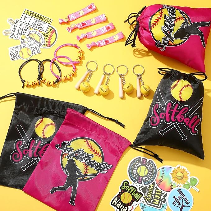 Jenaai 148 Pcs Softball Party Favors Include Softball Drawstring Bags Softball Charm Bracelets Softball Keychain Softball Hair Ties Softball Stickers, Softball Gifts for Women Birthday(Stylish)
