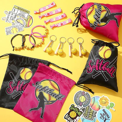 Jenaai 148 Pcs Softball Party Favors Include Softball Drawstring Bags Softball Charm Bracelets Softball Keychain Softball Hair Ties Softball Stickers, Softball Gifts for Women Birthday(Stylish)