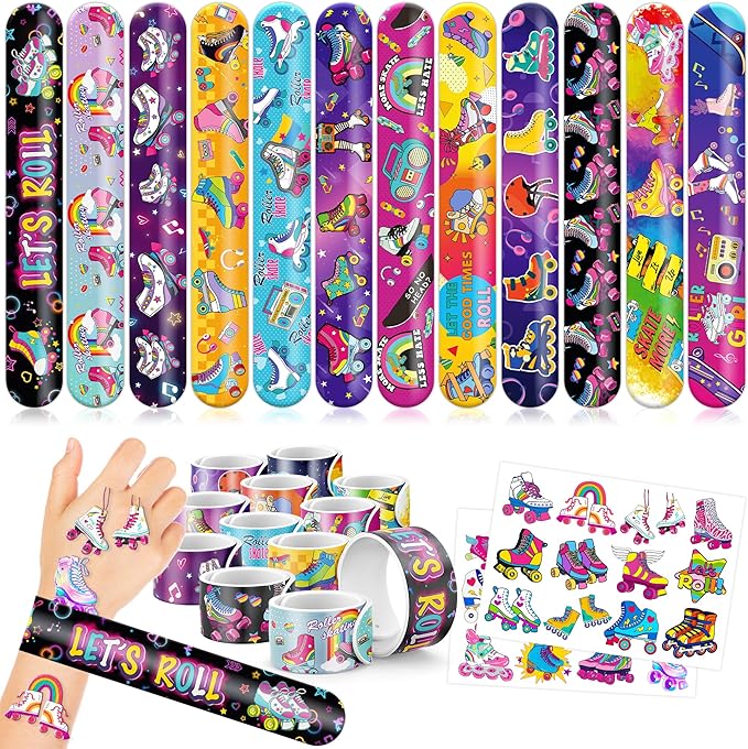 48PCS Roller Skate Party Favors - 24PCS Tattoos & 24PCS Slap Bracelets - Retro 60s & 80s Birthday Supplies, Decorations, Gifts, Classroom Prizes for Boys & Girls