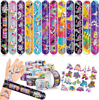 48PCS Roller Skate Party Favors - 24PCS Tattoos & 24PCS Slap Bracelets - Retro 60s & 80s Birthday Supplies, Decorations, Gifts, Classroom Prizes for Boys & Girls