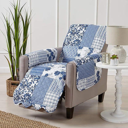 Great Bay Home Patchwork Scalloped Printed Furniture Protector Stain Resistant Recliner Cover (Recliner, Navy)