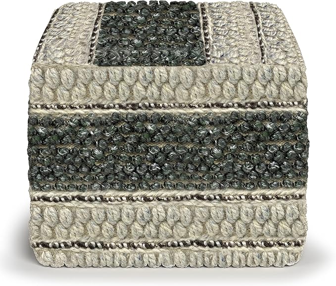 SIMPLIHOME Grady Square Pouf, Footstool, Upholstered in Green, Natural Handloom Woven Wool and Cotton, for the Living Room, Bedroom and Kids Room, Boho, Contemporary, Modern