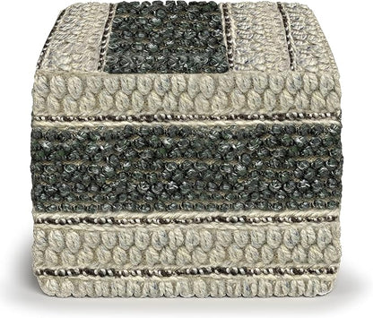 SIMPLIHOME Grady Square Pouf, Footstool, Upholstered in Green, Natural Handloom Woven Wool and Cotton, for the Living Room, Bedroom and Kids Room, Boho, Contemporary, Modern
