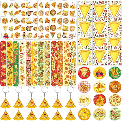 60 Pcs Pizza Party Favors Set Temporary Tattoos, Slap Bracelets, Keychains, Badges and Stickers for Pizza Themed Birthday Parties