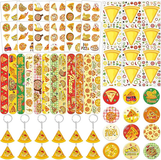 60 Pcs Pizza Party Favors Set Temporary Tattoos, Slap Bracelets, Keychains, Badges and Stickers for Pizza Themed Birthday Parties