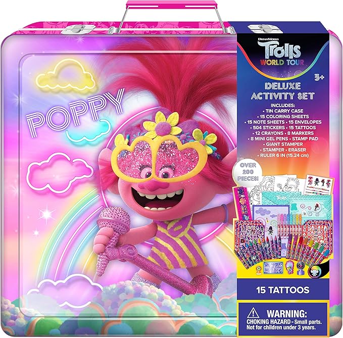 Innovative Designs Trolls World Tour Kids Deluxe Activity Set with Carrying Tin, Coloring Sheets, Tattoos, Stickers, & Art Supplies
