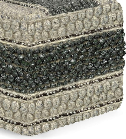 SIMPLIHOME Grady Square Pouf, Footstool, Upholstered in Green, Natural Handloom Woven Wool and Cotton, for the Living Room, Bedroom and Kids Room, Boho, Contemporary, Modern