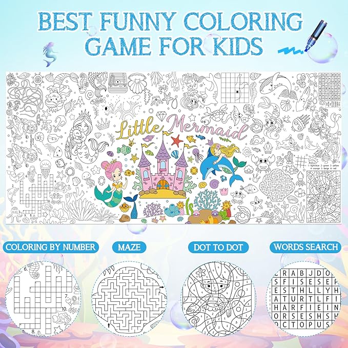 Mermaid Giant Coloring Poster for Kids 30 x 72 Inch, Mermaid Large Coloring Poster Sheets Tablecloth, Mermaid Themed Color-in Activities Games for Kids School Classroom Home Party Supplies Decorations