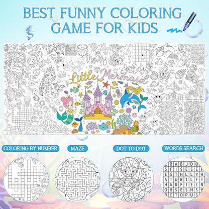 Mermaid Giant Coloring Poster for Kids 30 x 72 Inch, Mermaid Large Coloring Poster Sheets Tablecloth, Mermaid Themed Color-in Activities Games for Kids School Classroom Home Party Supplies Decorations