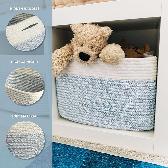OrganiHaus Rope Baskets for Shelves - Set of 3 Woven Storage Baskets for Organizing, Closet & Toy Storage - Blue/White - 15x9x10