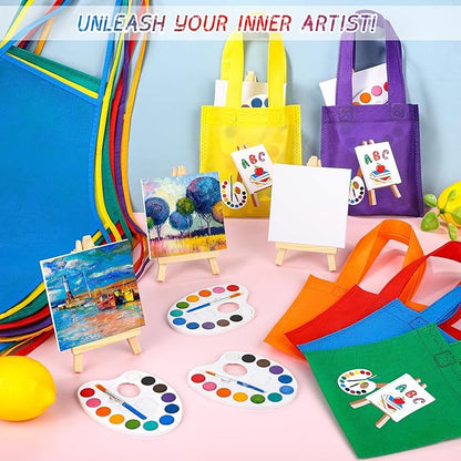 Aodaer 96 Pieces Mini Watercolor Paint Set Include 12 Colors 4 x 4 Inch Watercolor Paints, Wooden Canvas Easels, Canvas Tote Bags, Aprons, Back to School Art Beginner Supplies for Painting