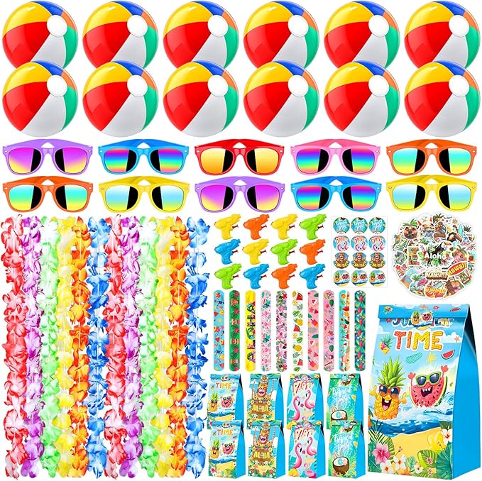 Joycover Pool Party Favors Beach Party Favors 122 PCS Hawaiian Pool Beach Party Decorations, Hawaiian Leis For Luau Party Decorations, Beach Balls, Kids Sunglasses, Pool Party Supplies, Summer Toys…