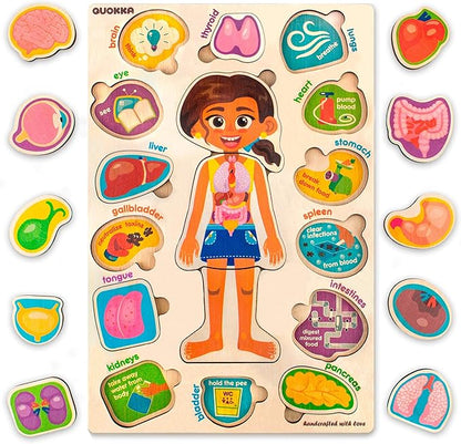 QUOKKA Wooden Puzzles for Kids – Montessori Puzzles for Toddlers 3-5 – Preschool Game Learning Human Body Parts Anatomy Skeleton – Educational Toys for Boy & Girl
