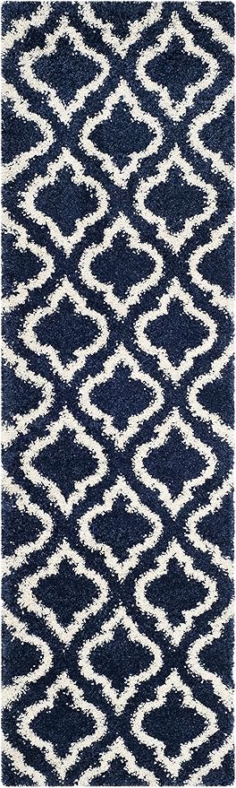 SAFAVIEH Hudson Shag Collection Runner Rug - 2'3" x 14', Navy & Ivory, Moroccan Design, Non-Shedding & Easy Care, 2-inch Thick Ideal for High Traffic Areas in Living Room, Bedroom (SGH284C)