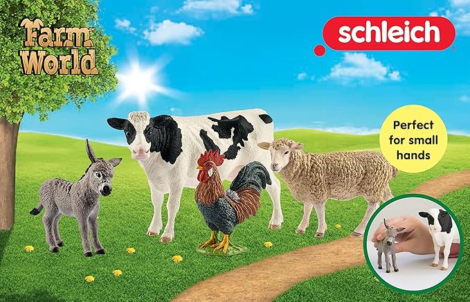 Schleich Farm World - Starter Set, Includes 4 x Collectible Toy Farm Animals, Cow, Sheep, Donkey Foal and Rooster Farm Animal Toys for Kids Ages 3+