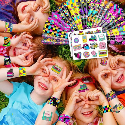 48PCS 90s & 80s Party Favors - 24PCS Tattoos & 24PCS Slap Bracelets, Retro 90s Birthday Party Supplies Decorations, Ideal for Kids’ Classroom Prizes & Rewards for Boys & Girls