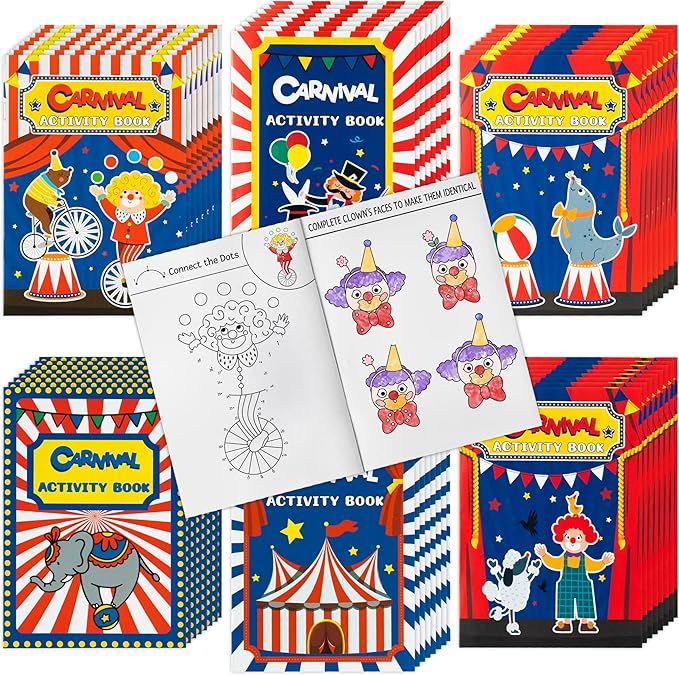 JAPBOR Carnival Activity Coloring Books - 24PCS Mini Circus Carnivals Activities Color Books Bulk for Kids Party Favors, Showman Themed Small Colouring Pages for Birthday Class Drawing Painting Game