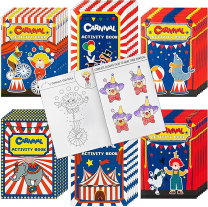 JAPBOR Carnival Activity Coloring Books - 24PCS Mini Circus Carnivals Activities Color Books Bulk for Kids Party Favors, Showman Themed Small Colouring Pages for Birthday Class Drawing Painting Game