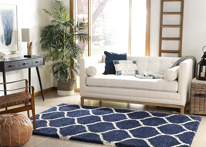 SAFAVIEH Hudson Shag Collection 5' Square Navy/Ivory SGH280C Moroccan Ogee Trellis Non-Shedding Living Room Bedroom Dining Room Entryway Plush 2-inch Thick Area Rug