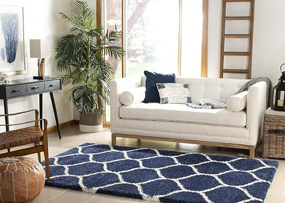 SAFAVIEH Hudson Shag Collection 5' Square Navy/Ivory SGH280C Moroccan Ogee Trellis Non-Shedding Living Room Bedroom Dining Room Entryway Plush 2-inch Thick Area Rug