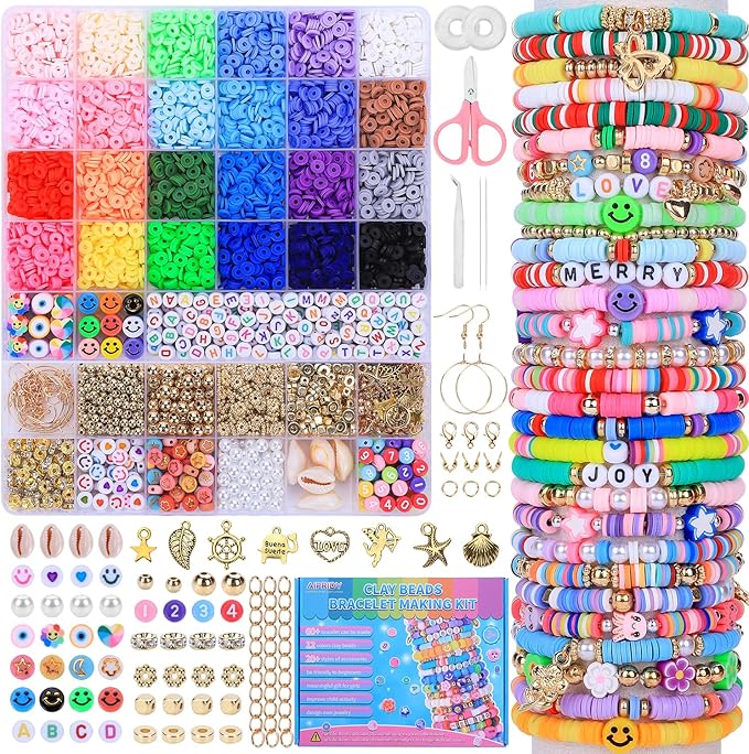 Clay Beads Bracelet Making Kit, 6500 Pieces, 24 Colors, Preppy Beads with Charms, DIY Jewelry Crafts for Kids 6-13