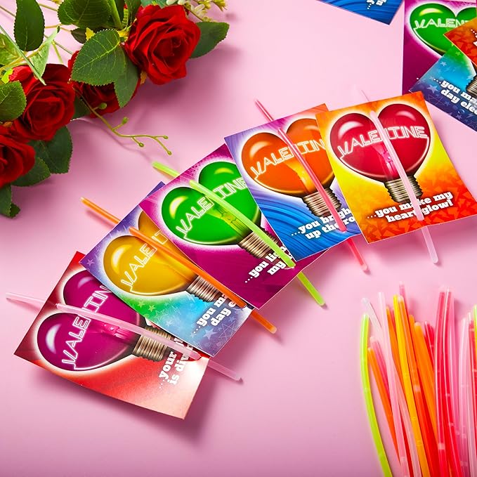 JOYIN 36 Packs Neon Valentines Day Gift Cards with Glow Stick Bracelets, Glow in the dark Necklaces for Valentine's Party Favor, Valentine Classroom Exchange Cards, Valentine School Prize