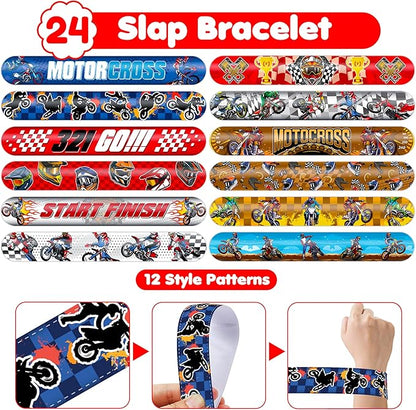 48PCS Dirt Bike Party Favors - 24PCS Tattoos & 24PCS Slap Bracelets, Motocross Bike Pattern, Ideal for Themed Birthday Parties, School Prizes, and Classroom Gift Exchange for Kids