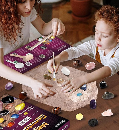 Gemstone Crystal Rocks Dig Kit, Excavate 20 Real Gems Fossils, STEM Geode Toys for Ages 4 5 6 7 8 9 10 11 12 Year Old Kids Girls Boys, Educational Discovery Science Collection Gifts (Purple)