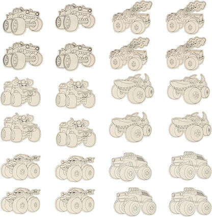 Kids Valentine's Day Cards - Monster Trucks Wood Painting Craft Kits (24ct)- Each Valentines Card Includes Craft w Paints, Brush, and Sticker- Make Classroom School Exchange Gifts Fun for Boys & Girls