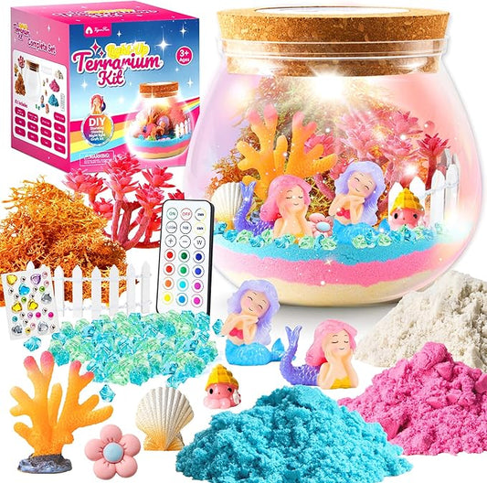 VigorFun Mermaid Terrarium Kit for Kids - Creative LED Night Light Gifts for Girls Birthday Age 3+, DIY Arts & Crafts Light Up Kit, Mermaids Toys for Kids 4 5 6 7 8 9 10 Year Old