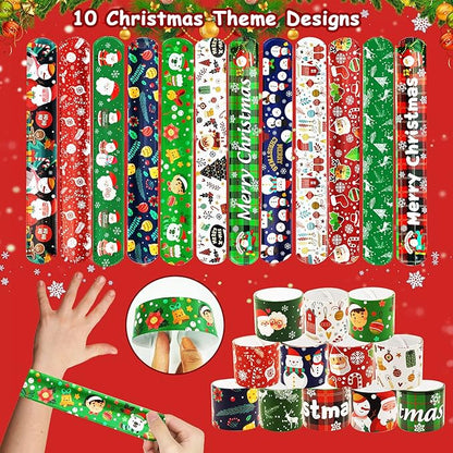 JUNEBRUSHS 50 Pack Christmas Party Favors Christmas Slap Bracelets Rubber Wristbands Assorted for Kids Slap Bands Silicone Snap Bracelets Bulk for Boys Girls Prizes Gifts Toys Stocking Stuffers