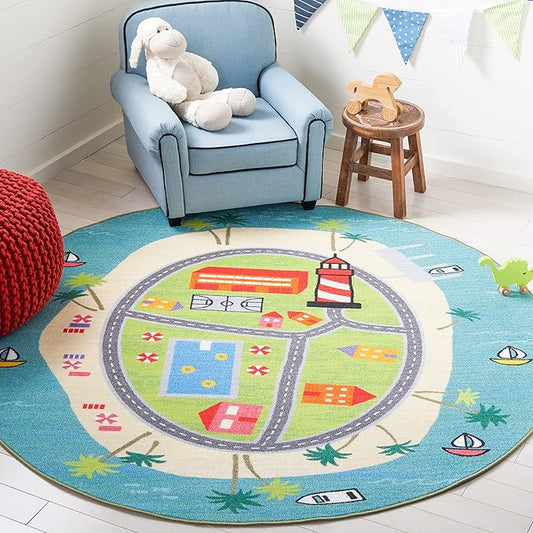 SAFAVIEH Kids Playhouse Collection Area Rug - 5' Round, Blue & Green, Non-Shedding Machine Washable & Slip Resistant Ideal for High Traffic Areas for Boys & Girls in Playroom, Nursery (KPH202M)