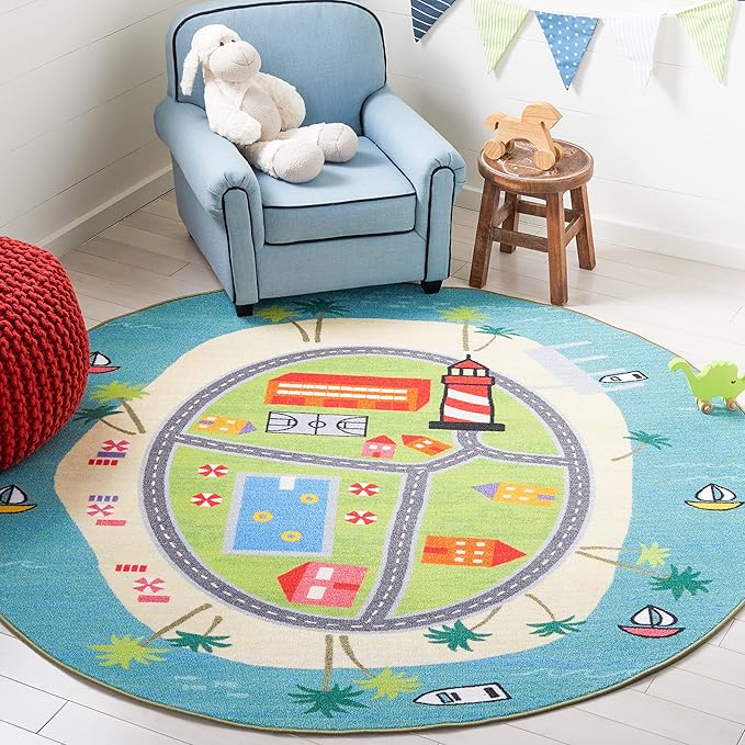 SAFAVIEH Kids Playhouse Collection Area Rug - 5' Round, Blue & Green, Non-Shedding Machine Washable & Slip Resistant Ideal for High Traffic Areas for Boys & Girls in Playroom, Nursery (KPH202M)