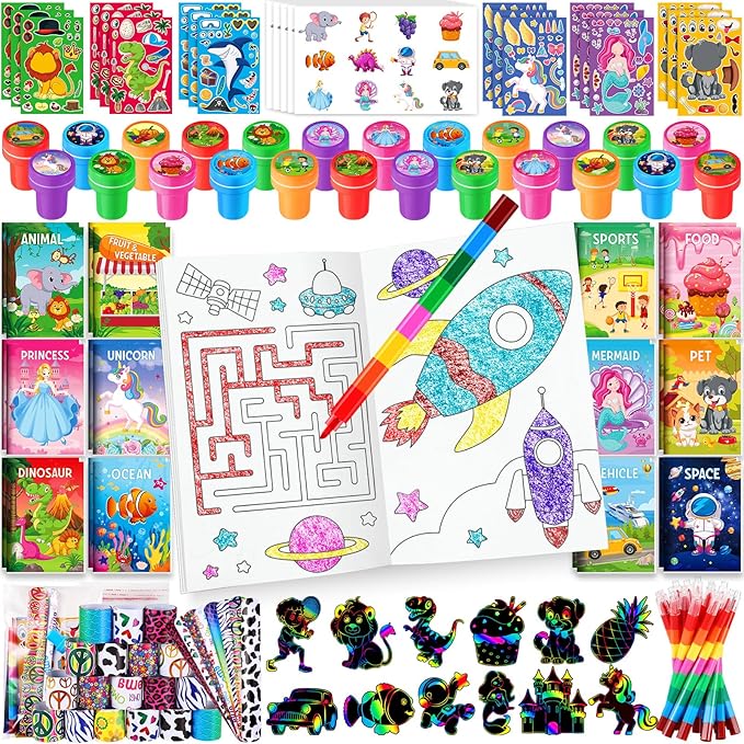 BenLouis 96Pcs Kids Party Favors Mini Coloring Books Crayon Slap Bracelets Stickers Set Bulk for Kids 4-8-12 Classroom Birthday Gifts Goodie Bags Pinata Stuffers School Rewards Crafts Supplies