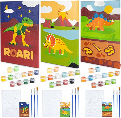 BONNYCO Paint by Numbers Kit for Kids Dinosaurs Pack 3 Canvas Paint by Number Canvas, Dinosaurs Gifts for Boys, Arts and Crafts, Kids Paint by Number Kits, Pre Drawn Canvas for Painting for Kids