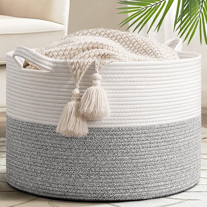 Goodpick Large Storage Basket 19.7'' x 12.6'', Basket for Blankets Living Room, Toy Storage Organizer for Clothes, Toys, 65L Grey