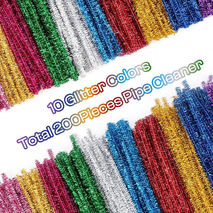 Caydo 200 Pieces Glitter Pipe Cleaners Craft Chenille Stems for DIY Art Creative Crafts Party Decorations (12 Inch x 6 mm)