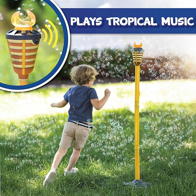 Tiki Torch Bubbler - Summer Pool Party Bubble Machine with Lights and Music, Bubble Blower and Wand, Rechargeable Outdoor Toy for Kids Teens Birthday Party, 4 Feet Tall, Includes 4oz Bubble Solution