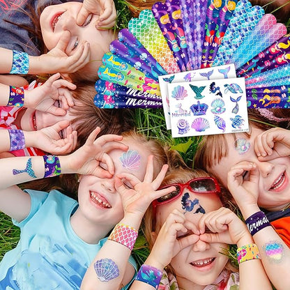 48PCS Mermaid Party Favors - 24PCS Tattoos & 24PCS Slap Bracelets - Undersea Birthday Supplies, Mermaid-Themed Decorations, Classroom Prizes, Gifts for Girls & Boys