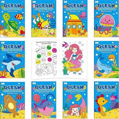 Hebayy 10 Pack Coloring Books for Kids, Ocean Theme Coloring Page with Games, Under the Sea Bulk Mini Coloring Books for Kids, Party Activity, Gifts