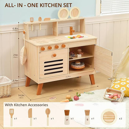 PairPear Play Kitchen for Kids, Wooden Toys Play Kitchen Sets with Toy Play Food Plates and Dishes, Larage Toy Storage System Kids Play Kitchen Accessories Designed Toys Gift for Age 3+