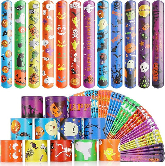 Halloween Party Favors for Kids, 48 PCS Halloween Slap Bracelets Assorted Bulk Party Decorations, Snap Bracelet Wristbands for Kids Print with Spider Pumpkin Ghost Print Halloween Treats Supplies