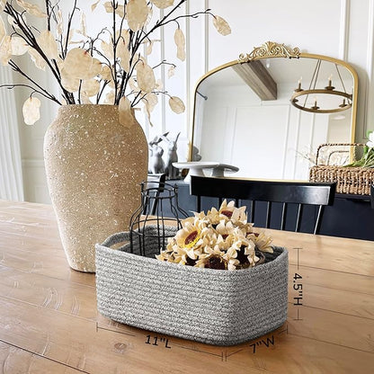 Goodpick Storage Baskets, Small Baskets for Organizing, Toy Storage for Gifting, Woven Rope Shelf Organizer for Nursery Organization 3 Pack, White & Gray, 11 x 7 x 4.5 in