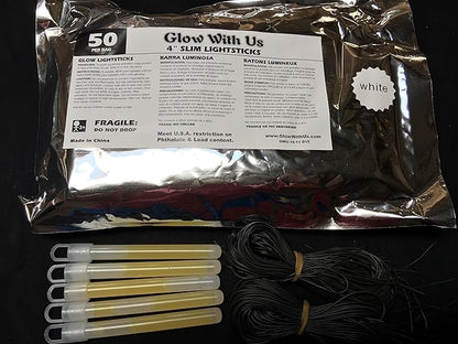 Glow Sticks Bulk Wholesale, 50 4” White Glow Stick Light Sticks. Bright Color, Kids Love Them! Glow 8-12 Hrs, 2-Year Shelf Life, Sturdy Packaging, GlowWithUs Brand