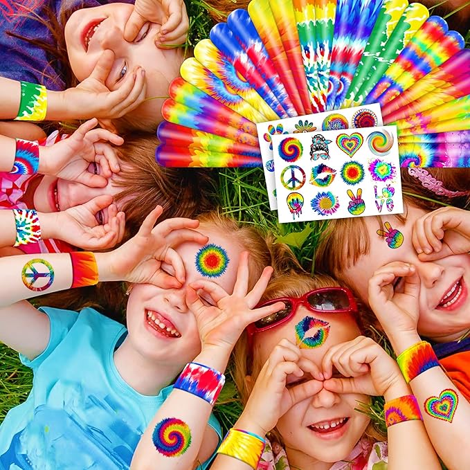 48PCS Tie Dye Party Favors - 24PCS Tattoos & 24PCS Slap Bracelets - Tie-Dye Birthday Supplies, Baby Shower Decorations, Classroom Prizes, Gifts for Boys & Girls