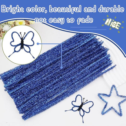 Hssugi Royal Blue Pipe Cleaners, 100PCS Pipe Cleaners Craft Supplies, Glitter Golden Pipe Cleaners Bulk Fuzzy Sticks for DIY Art and Craft Projects Home Decoration