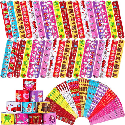 JUNEBRUSHS 56 Pack Valentines Slap Bracelets, Valentines Day Party Favors for Kids Valentines Slap Bands Wristbands Snap Bracelets Bulk for Boys Girls Birthday Gifts Party Supplies
