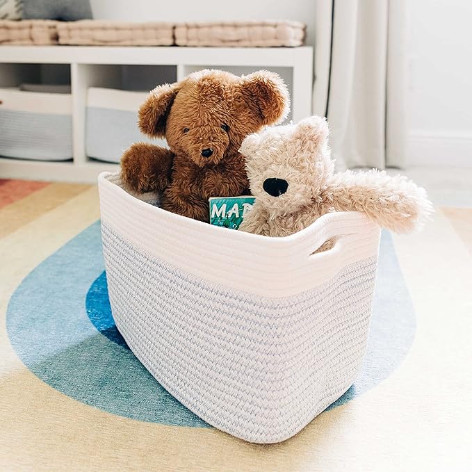 OrganiHaus Rope Baskets for Shelves - Set of 3 Woven Storage Baskets for Organizing, Closet & Toy Storage - Blue/White - 15x9x10