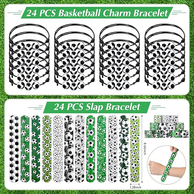 Aoriher 120 Pcs Soccer Sports Party Favors Set Serve 24, Soccer Goodie Bulk Foam Finger Mini Stress Ball Slap Bracelet Charm Bracelet Stamp for Girl Boy Kids Soccer Theme Party Supplies
