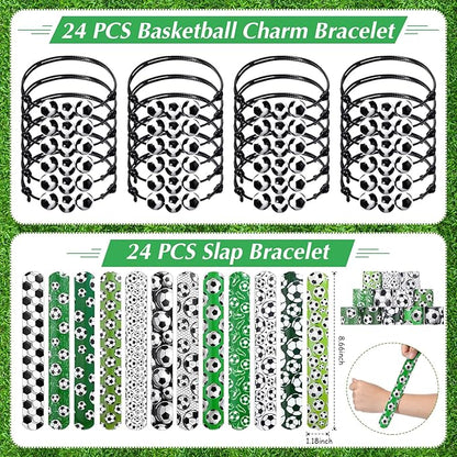 Aoriher 120 Pcs Soccer Sports Party Favors Set Serve 24, Soccer Goodie Bulk Foam Finger Mini Stress Ball Slap Bracelet Charm Bracelet Stamp for Girl Boy Kids Soccer Theme Party Supplies